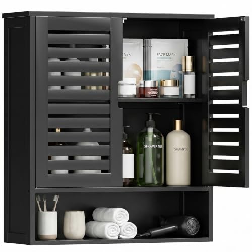 SMIBUY Bathroom Cabinet Wall Mounted, Bamboo Over-The-Toilet Storage Organizer, Space Saver Medicine Cabinet with 2 Door and Adjustable Shelves (Black) - color: Black