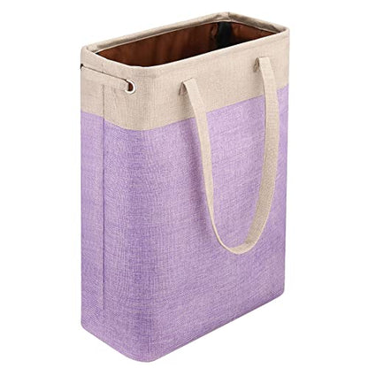 Laundry Basket with Handles Beige&Purple Slim Laundry Bin Collapsible Dirty Clothes Basket Narrow Laundry Bag Foldable Dirty Hamper for Camping, Dorms, Apartments - color: Beige&Purple