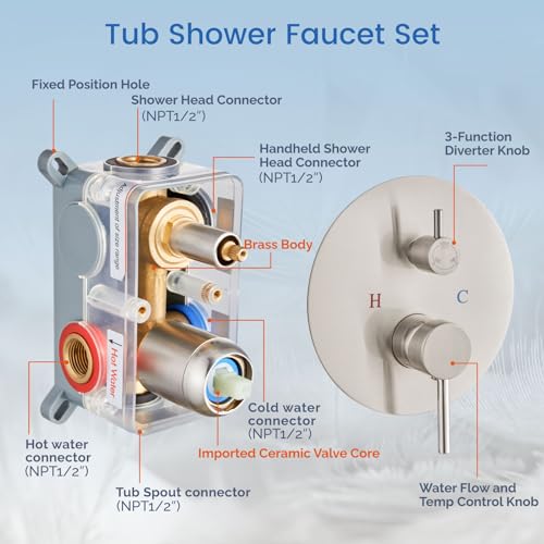 Airuida 3-Function Shower System with Tub Spout – Round Rainfall Shower Faucet Combo,Handheld Spray with 2 Functions,Includes Rough-In Valve with 360° Rotating Drain,12 Inch Shower Head,Brushed Nickel - color: Brushed Nickel, size: 12 Inch