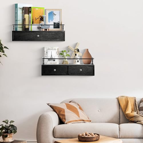 dreampossible 2-Pack Rustic Floating Shelves with Drawer, Black, 15.8 Inch Long, Wall-Mounted, Bathroom, Kitchen, Living Room Storage - color: Black, size: 15.8 Inch Long