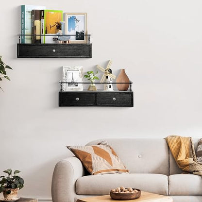 dreampossible 2-Pack Rustic Floating Shelves with Drawer, Black, 15.8 Inch Long, Wall-Mounted, Bathroom, Kitchen, Living Room Storage - color: Black, size: 15.8 Inch Long