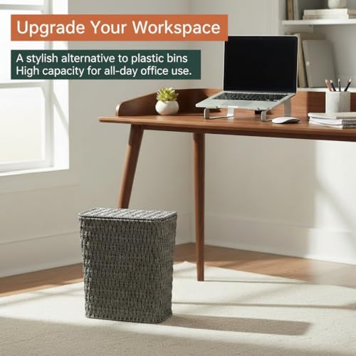 Coeusy 3 Gallon Paper Rope Bathroom Trash Can,Small Wicker Trash Cans with Lid and Liner,Woven Rattan Narrow Waste Basket for Bedroom,Office,Grey - color: Grey