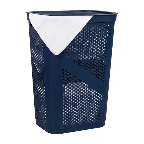 Mind Reader Slim Laundry Hamper with Lid, 60L Clothes Basket, Ventilated Plastic, Navy - color: Navy, size: Single