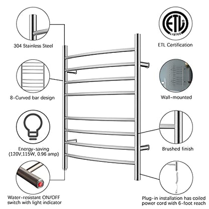 8-Bar Towel Warmer, Heated Towel Rack, Plug-in, Brushed | 304 Stainless Steel Curved 8-Bar Wall-Mounted Towel Warmer With Plug-In Installation Only For Bathrooms - color: Brushed