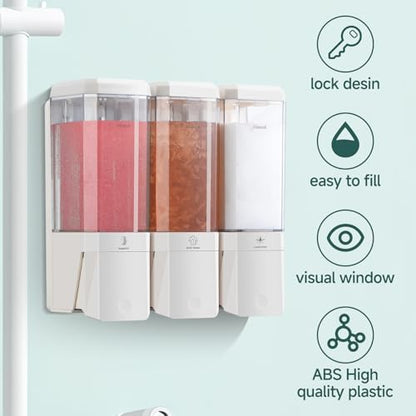 Shampoo and Conditioner Dispenser 3 Chamber No Drill Shampoo Dispenser for Shower Wall Mounted Shower Soap Dispenser 3 * 500ml Refillable Shower Dispenser for Bathroom Hotel(White 3 Chamber) - color: White-clear-3