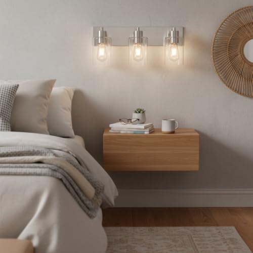 3-Light Bathroom Vanity Light Fixtures,Modern Wall Sconces,Bathroom Lights Over Mirror,Wall Mounted Lamp for Kitchen Living Room Bedroom Hallway,Brushed Nickel Finish with Clear Glass Shade | Brushed Nickel Metal Frame,Up/Down Wall Mount,cylinder Glass Sh