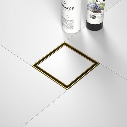 Square Shower Drain, 304 Stainless Steel Floor Drain 4" | with Tiled Insert Grate & Hair Strainer, Bathroom 2-in-1 Tiled in Drain, CUPC Certified - color: Brushed Gold, size: 4''