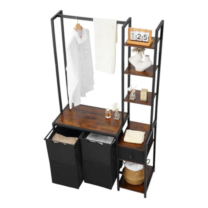 VEVOR 3 Tiers Laundry Sorter with Rack, Tall Laundry Hamper with Shelves and Drawers, 2 Section Freestanding Hanging Rack Storage with 600D Oxford Cloth Bags and Ladder Shelves for Dirty Clothes