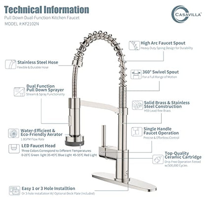 Kitchen Faucet with Soap Dispenser, LED Kitchen Faucet, Faucet for Kitchen Sink, Single Handle Stainless Steel Camper Farmhouse RV Sink Faucets with Pull Down Sprayer, Nickel Brushed - color: B-Brushed Nickel, style: Contemporary