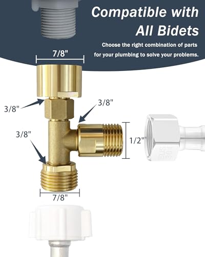Universal Bidet T Adapter for Any Brand Bidet Hose, All-in-One Solution fit Toilet Tank Inlet or Angle Valve Outlet, 3/8"-7/8"-1/2", Brass Made