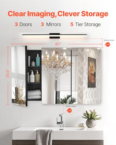 VEVOR Medicine Cabinet, 25.5 x 40 inch, Medicine Cabinet for Bathroom with Mirror, Aluminum Frame Bathroom Wall Cabinet, 4-Layer Adjustable Shelves, Recessed & Wall-Mounted Installation - size: 25.5x40in