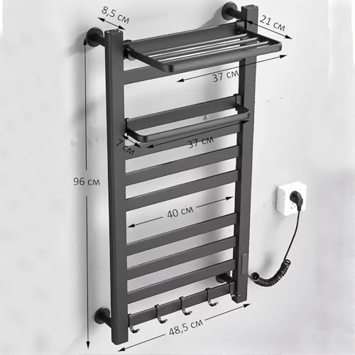 MOS Matte Black Electric Heated Towel Rack | Wall Mounted Towel Warmer with Digital Temperature Control Top Shelf Hooks Stainless Steel Towel Dryer for Bathroom - size: 21*66