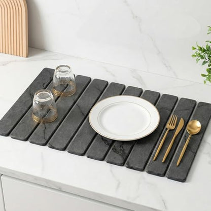 3 Large Stone Drying Mat for Kitchen Counter Black Quick Dry Stone Dish Mat | Diatomaceous Earth Dish Drying Pad for Kitchen Sink Foldable Diatomite Absorbent Tray Countertop Dishes Drainer Mats - color: Gray Marble