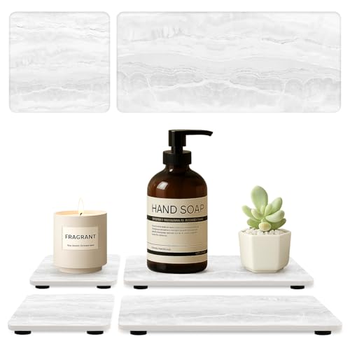 4 Pcs Water Absorbent Stone Dry Tray for Bathroom Sink Kitchen Counter Tray | Diatomite Stone Quick Drying Diatomaceous Earth Mat Soap Dispenser Dish Sponge Holder Ceramic Marble Bathroom Vanity Trays - color: Marble Light Gray