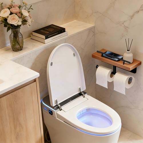 Toilet Paper Holder with Wood Shelf, Wall Mount Toilet Paper Roll Holder with Wooden Shelf and Matte Black Stainless Steel Pipe, Tissue Roll Holder for Bathroom Washroom (Light Brown, 13.8'' x 5.9'') - color: Light Brown, size: 13.8'' x 5.9''