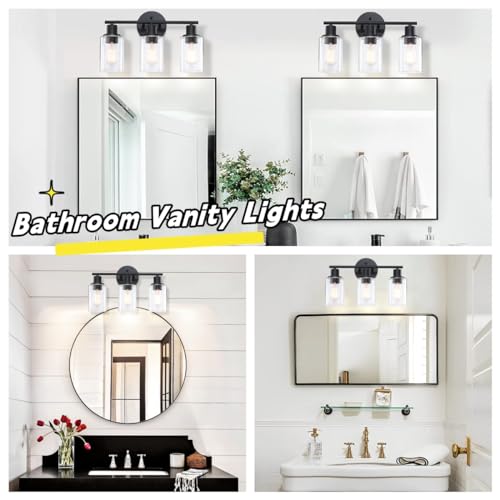 WISBEAM 3-Light Vanity Light Over Mirror, Black Bathroom Wall Light Fixtures with Clear Glass Shade Including E26 Medium Base, Bulb NOT Included - color: Black, size: VNT004