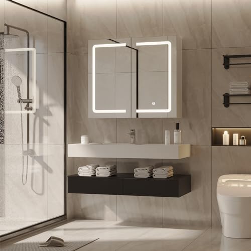 DICTAC Bathroom Medicine Cabinet with Mirrors and Led Lights 27.6x23.62 inch Double Doors Wall Mounted Mirror Cabinet with Storage Organizer Lighted Medicine Cabinets with Adjustable Shelves,White - size: 27.6x23.62 inch