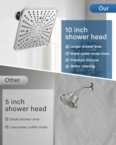 Square Shower Head, 6 Spray Modes High Pressure 10 Inch Chrome Shower heads, Rainfall & Massage Anti-Clog Nozzles Easy-Clean Surface for Spa Experience, Large Showerheads - color: Chrome
