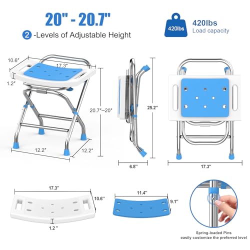 Height Adjustable Folding Shower Chair Seat, Stainless Steel Shower Chair for Inside Shower w/Crossbar, 420LB Portable Travel Shower Stool, Safety Anti-Slip Bath Chair for Seniors,White