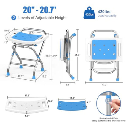 Height Adjustable Folding Shower Chair Seat, Stainless Steel Shower Chair for Inside Shower w/Crossbar, 420LB Portable Travel Shower Stool, Safety Anti-Slip Bath Chair for Seniors,White