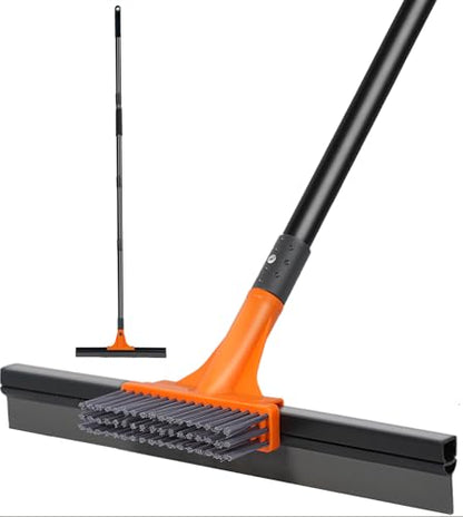 Floor Squeegee for Concrete Floor,Heavy Duty Shower Garage Floor Squeegee Broom with Scrubber Brush and 62" Long Handle for Bathroom Tile,Garage, Deck,Pool,Outdoor Floors,16 Inch,Orange