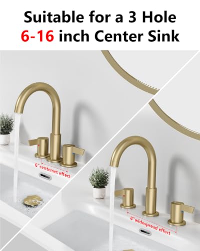 Brushed Gold Bathroom Faucet 3 Hole, 8 Inch Widespread 2-Handle | SUS304 Stainless Steel, 2-Handle Control, Pop-Up Drain, Supply Lines and Mounting Hardware for 8-Inch Widespread Vanity Sinks - color: Brushed Gold