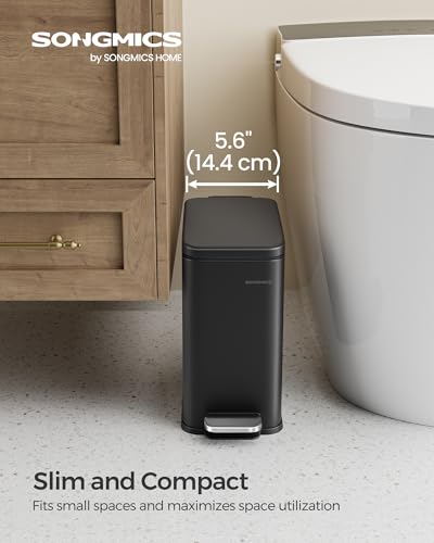 SONGMICS Bathroom Trash Can, 1.3 Gallon (5 L) Small Trash Bin with Lid, Slim for Small Spaces, Stainless Steel Garbage Can, Soft Close, Black ULTB560B05 - color: Black, style: 1.3 Gal.