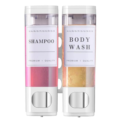 Shampoo and Conditioner Dispenser Bathroom Shower Soap Dispenser Wall Mounted Shampoo Dispenser for Shower Wall No Drill 2 * 300ml White 2 Chamber with Waterproof Labels - color: White 2