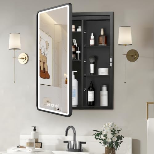 LED Medicine Cabinet with Mirror 22x30 inch, Lighted Cabinet Mirror for Bathroom Storage, Anti-Fog, 3 Colors Dimmable, Black Metal Frame with Adjustable Shelves, Wall Mount or Recessed - color: Black - Rc, size: 22x30