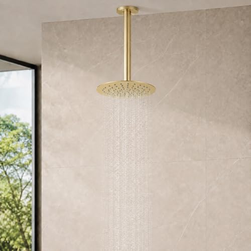 8 Inch Rain Shower Head, BSTIIU High Flow Stainless Steel Round Rainfall ShowerHead, High Pressure Overhead Shower Heads, Wall & Ceiling Mount Ultra Thin Stainless Steel Shower Head, Brushed Gold - color: Brushed Gold, size: 8-Inches, style: Round