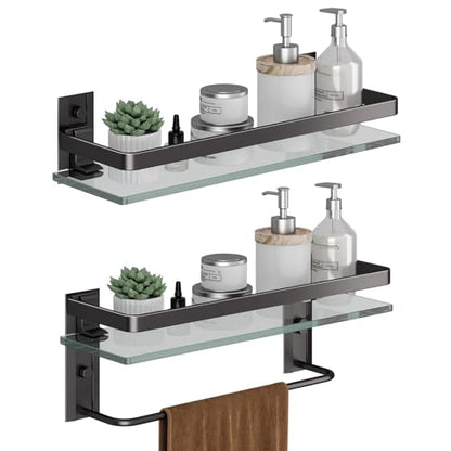 Bathroom Shelves Wall Mounted, Clear Tempered Glass Shelf with Towel Bar, Hand Towel Holder(Matte Black) - color: Black, size: Combo Set