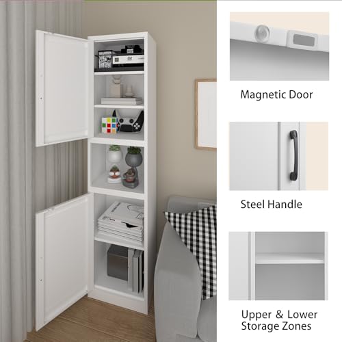 67" Metal Bathroom Storage Cabinet, White | Tall Narrow Design, 2 Doors & 6 Shelves, Slim Skinny Cabinet, Multi-Room Use - color: White