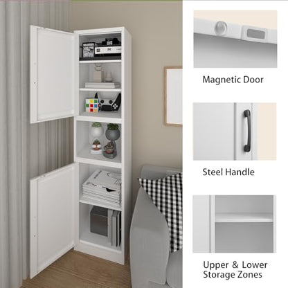 67" Metal Bathroom Storage Cabinet, White | Tall Narrow Design, 2 Doors & 6 Shelves, Slim Skinny Cabinet, Multi-Room Use - color: White
