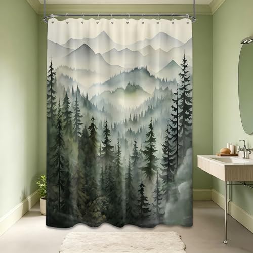 Mountain Shower Curtain Green Forest Nature Shower Curtains for Bathroom Rustic Woodland Pine Tree Landscape Bath Decor Sets, Waterproof Polyester Fabric with Hooks, 60x72in - color: Green, size: 60"W x 72"L (Pack of 1)