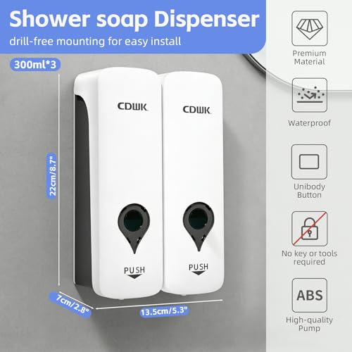 Shampoo and Conditioner Dispenser, 2 Chamber 2x300ml, Wall Mount, No Drill | Refillable Body Wash and Shower Soap Dispenser Set for Bathroom Hotel Kitchen Home - color: White 2-pack