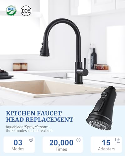 Kitchen Faucet Spray Head Replacement, 3-Function Pull Down Sprayer Head | 15 Adapters, Compatible with Moen Delta Kohler, 3-Mode Stream Spray Blade, Removable Aerator, Easy Install, Matte Black - color: Matte Black
