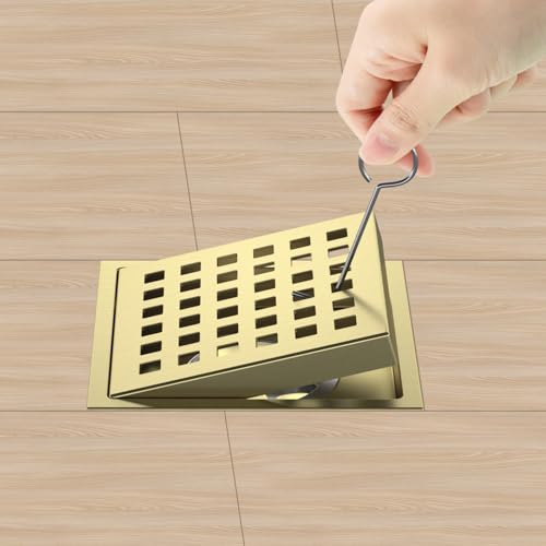 EXF Square Shower Drain 4-3/8 Inch Brushed Gold with ABS Flange | Stainless Steel, Anti-Clog, Removable Grid Grate and Hair Catcher, for Modern Bathroom Remodel Curbless Shower - color: Gold, size: 4IN