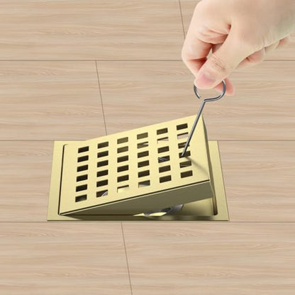 EXF Square Shower Drain 4-3/8 Inch Brushed Gold with ABS Flange | Stainless Steel, Anti-Clog, Removable Grid Grate and Hair Catcher, for Modern Bathroom Remodel Curbless Shower - color: Gold, size: 4IN