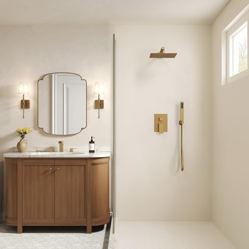 10" Shower System, Wall Mount Shower Faucet Set, Brushed Gold | Pressure-Balance Rough-In Valve Included, High Flow Square Rainhead, Stainless Steel Fixture for Bath Remodels - color: Brushed Gold