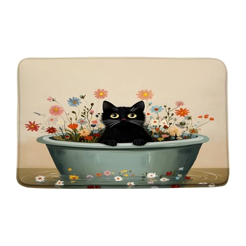 Cute Cat Bath Mat Colorful Floral Kitten Boho Wildflower Flower Plant Modern Aesthetic Art Bathroom Rug Floor Carpet, 19.7x31.5 Inch - size: 1'8" x 2'8" (Rectangular)