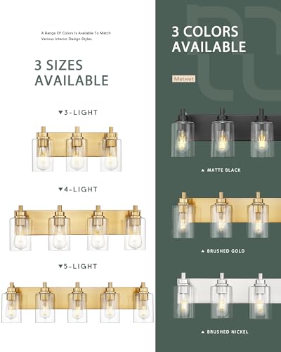 5-Light Brushed Gold Bathroom Vanity Light, Clear Cylinder Glass | 30" modern bathroom light fixtures over mirror, E26 base, bulbs not included, VL143-BG-5 - color: Brushed Gold, Cylinder Glass Shade, size: 5-light