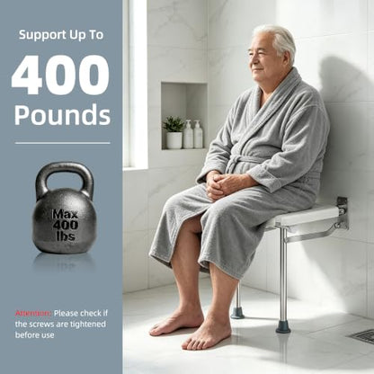 Wall-Mounted Foldable Shower Seat for Seniors | 400 lbs Capacity, Space-Saving Bath Bench for Seniors, Pregnant Women & Mobility Impaired, Non-Slip Feet, Drainage Holes