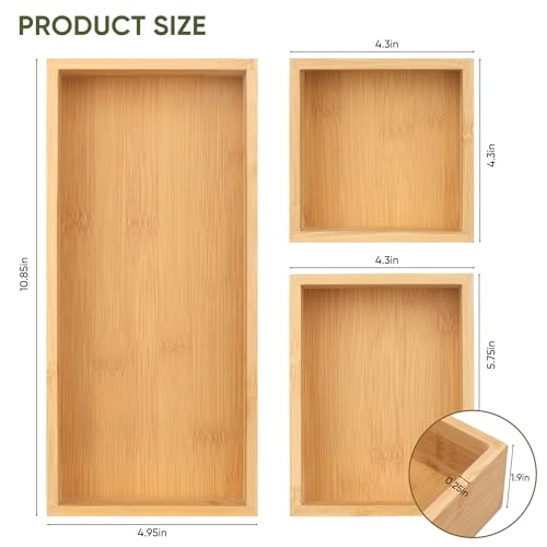 Vincona Bamboo Drawer Organizers Set, 3PCS Multi-Use Wood Storage Organizers, Desk Drawer Tray for Kitchen, Bathroom, Office, Dresser, Bamboo Box Bin for Jewelry, Makeup, Junk, Gadgets - size: 3 Grids