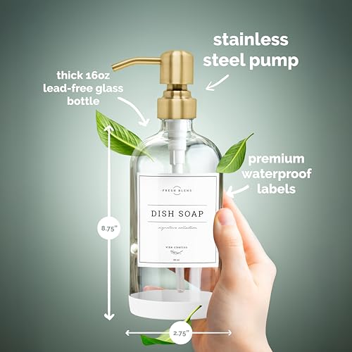 Vine Creations Clear Glass Soap Dispenser, 2 Pack Kitchen Soap Dispenser Set with Stainless Steel Pump, 16 oz Dish Soap and Hand Soap Dispensers for Bathroom with Waterproof Labels - color: Clear Bottle / Brushed Gold Pump
