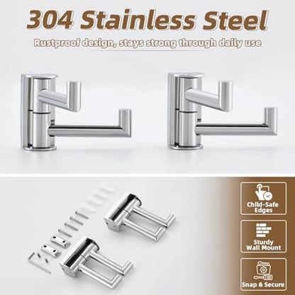 Swivel Wall Hooks with 2 Arm, 2 Pack, Polished Chrome, Wall Mounted | Rust-resistant 304 Stainless Steel, Double Towel Hooks for Bathroom Kitchen closet, Flexible 180° Swivel, Heavy-duty 11 lbs - color: Polished Chrome, size: 2 Pack
