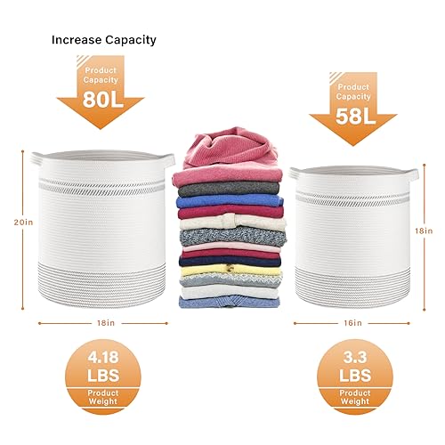 OIAHOMY 80L Laundry Basket, Laundry Hamper, Cotton Rope Storage Basket with Handles, Decorative Woven Basket for Living Room,Storage Baskets for Clothes, Blankets, and Toys -20''×18'', White&Gray | Tall Dirty Clothes Hamper with Handle,Blanket Basket,Deco