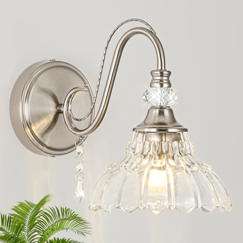 1 Piece Brushed Nickel Finish Wall Sconce, 1-Light Modern Wall Sconce with Hanging Crystal Accents and Flower-Shaped Clear Shades for Bathroom Bedroom Living Room,Modern Vanity Light - color: Nickel, size: 1-Light