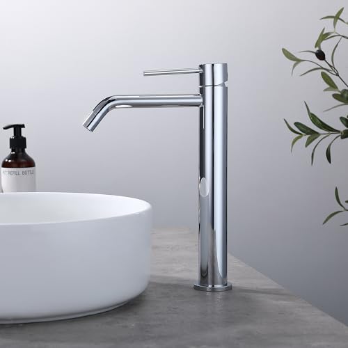 Chrome Tall Bathroom Faucet with Sink Drain and Supply Lines, JXMMP Single Handle Vessel Sink Faucet Chrome Single Hole, Stainless Steel Vessel Faucet JXM1001CP - color: Chrome, size: Tall Faucet