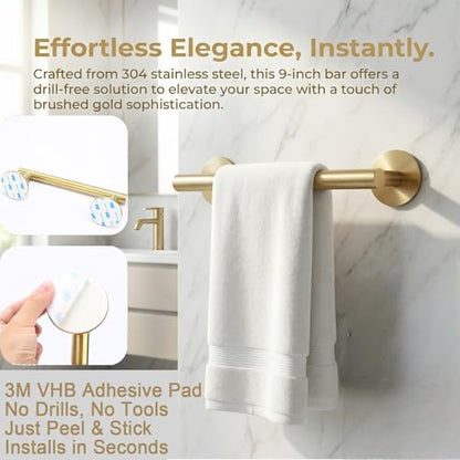 9" Self Adhesive Brushed Gold Towel Holder, No Drill Small Bathroom Organizer, 304SS - color: Brushed Gold, size: 9 Inch