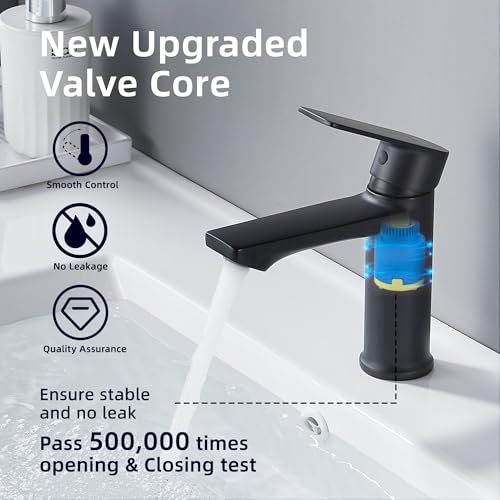 BELZ Black Bathroom Faucet, Lead-Free Single Hole Sink Faucet for Vanity | NSF372 Certified, Anti-peeling PVD Black Finish, Water-saving & Anti-splash, Single Handle Modern Design with Hot/Cold Hoses - color: Matte Black